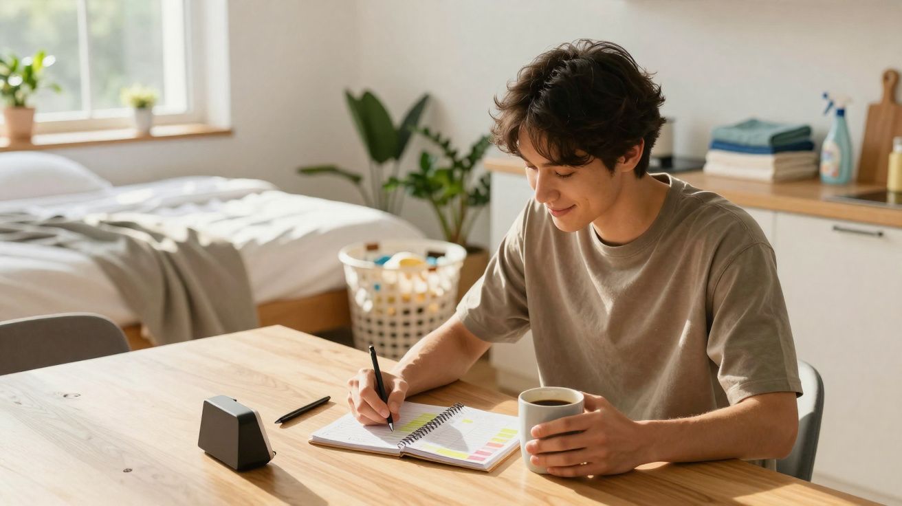 Jovem sentado à mesa escrevendo em caderno e segurando xícara, em ambiente iluminado e acolhedor.