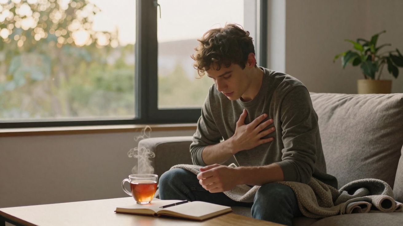 Homem jovem sentado no sofá, com toalha no colo, segurando o peito e olhando para frente, chá fumegante na mesa.