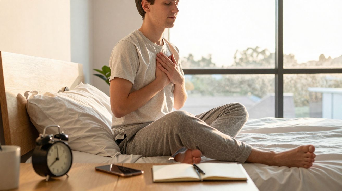 Homem sentado na cama com olhos fechados e mãos no peito, em ambiente iluminado por luz natural.