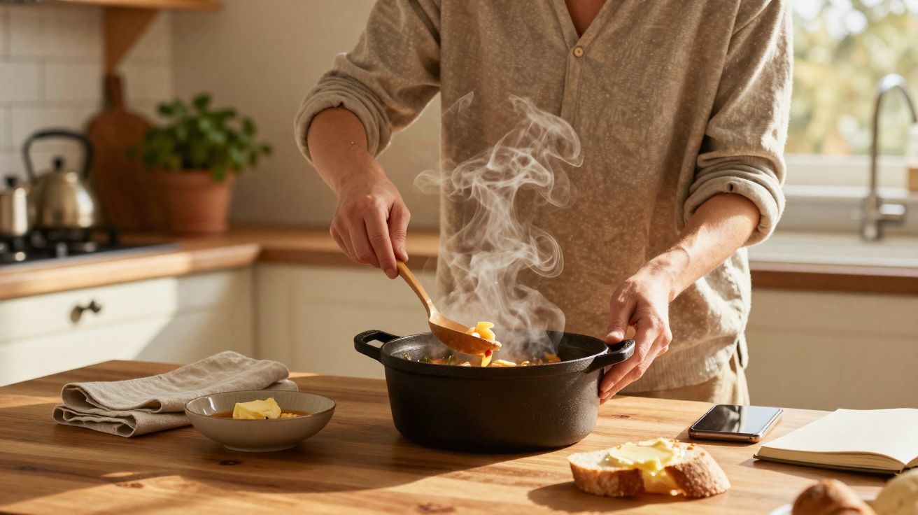 Pessoa mexendo panela quente com vapor na cozinha em mesa de madeira com pão e caderno.