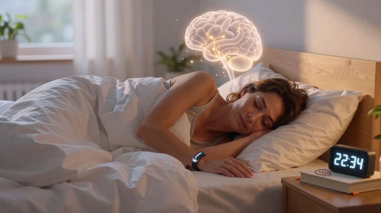 Mulher dormindo na cama com ilustração digital do cérebro acima, indicando atividade cerebral durante o sono.