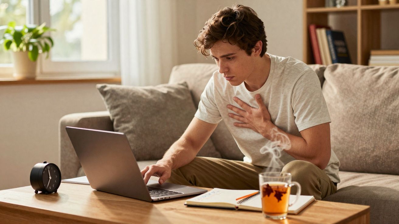Jovem sentado no sofá, com expressão de dor no peito, usando laptop em sala iluminada.