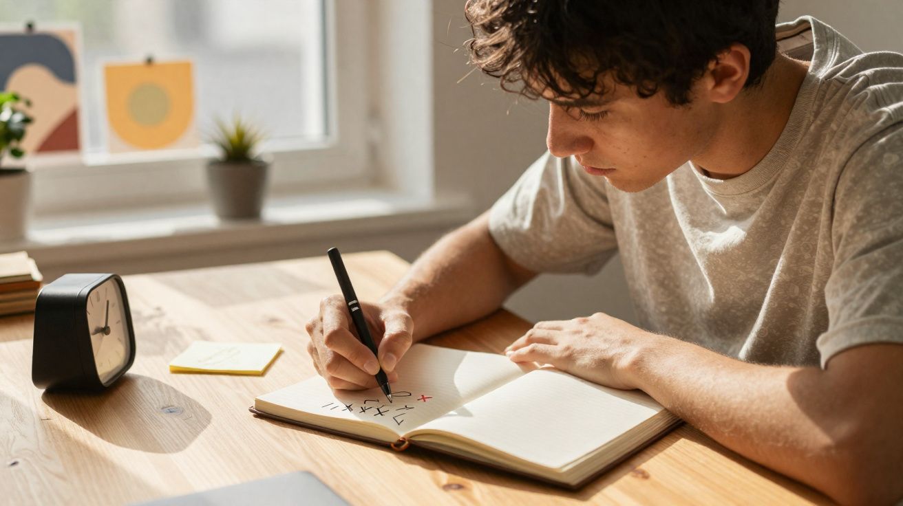 Jovem concentrado resolvendo problemas matemáticos em caderno, sentado à mesa com relógio e planta ao fundo.