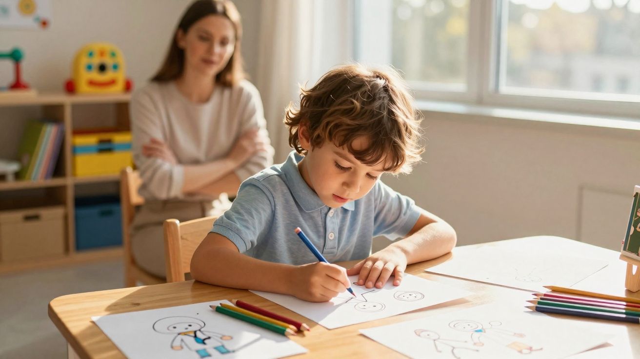 Menino pintando desenho à mesa com mulher observando ao fundo em sala iluminada por janela.