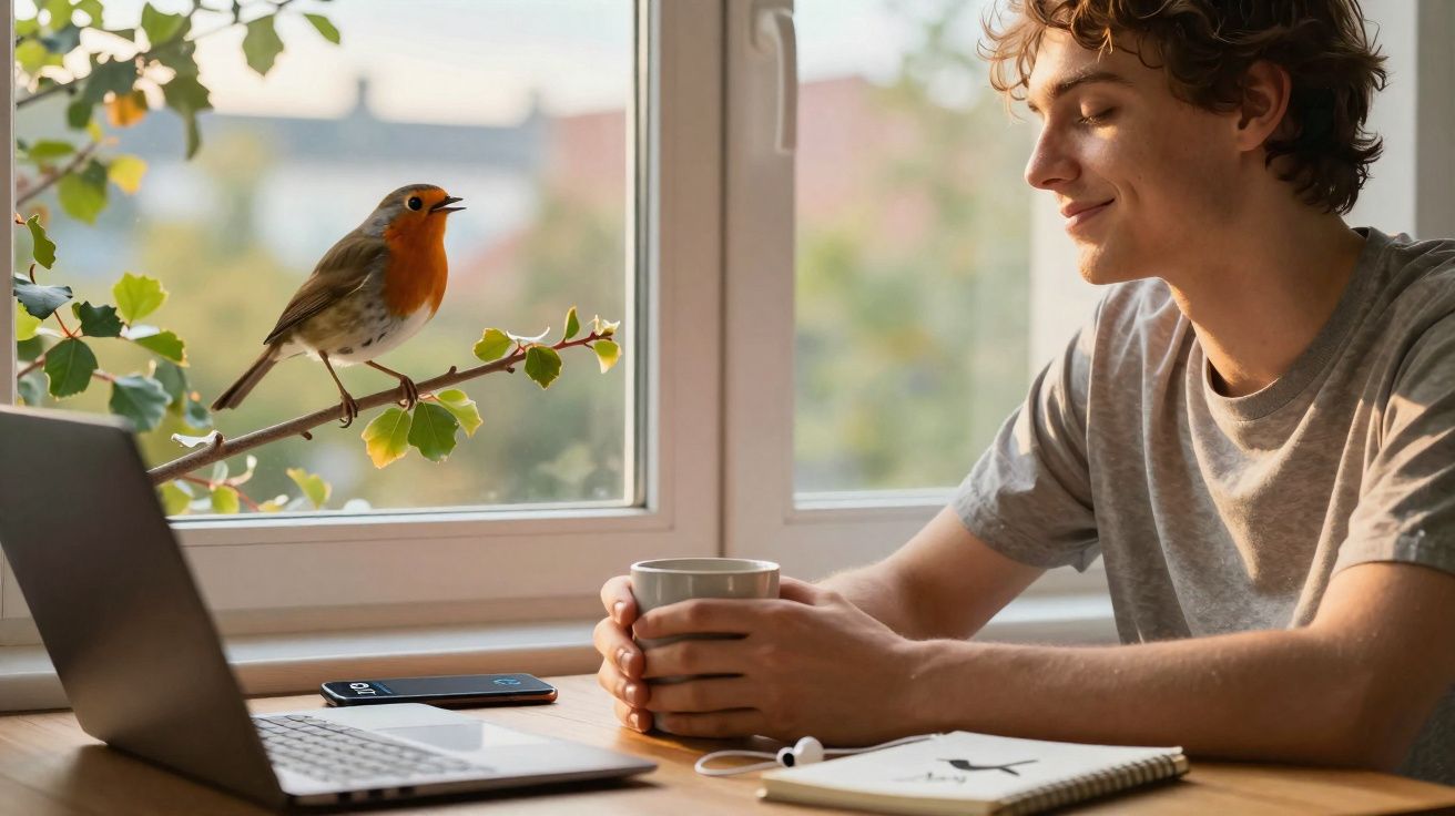 Jovem sentado à mesa com caneca, laptop e caderno observa pássaro no galho à janela ensolarada.