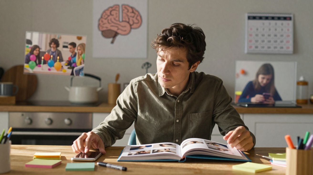 Homem sentado à mesa olhando para um álbum de fotos em uma cozinha iluminada.