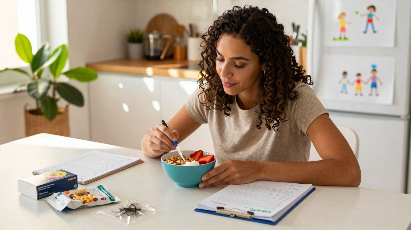 Mulher sentada à mesa com tigela de granola e morangos, lendo documentos em ambiente doméstico.
