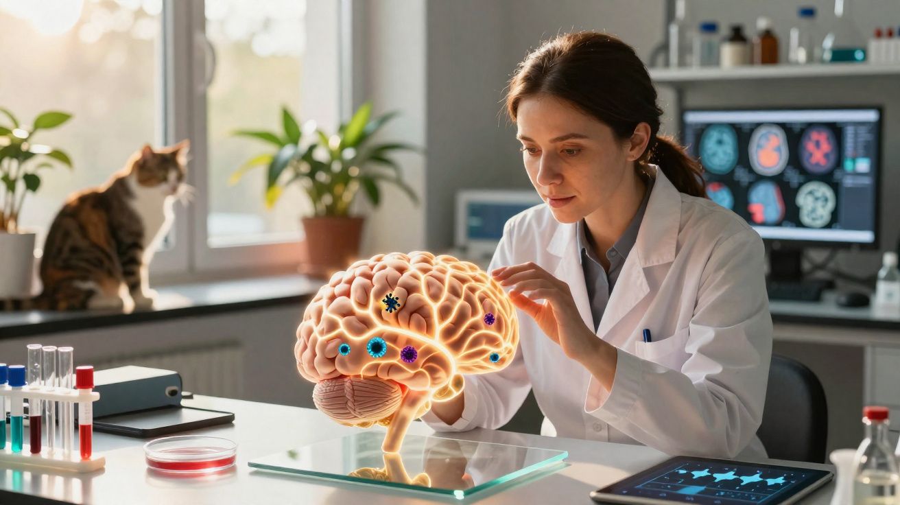 Cientista analisando modelo digital iluminado do cérebro com vírus em laboratório moderno.