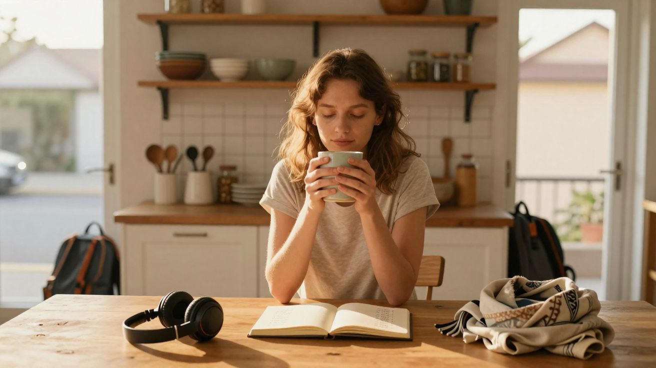 Jovem sentada à mesa segura xícara, com livro aberto, fones de ouvido e roupas sobre a mesa em cozinha iluminada.