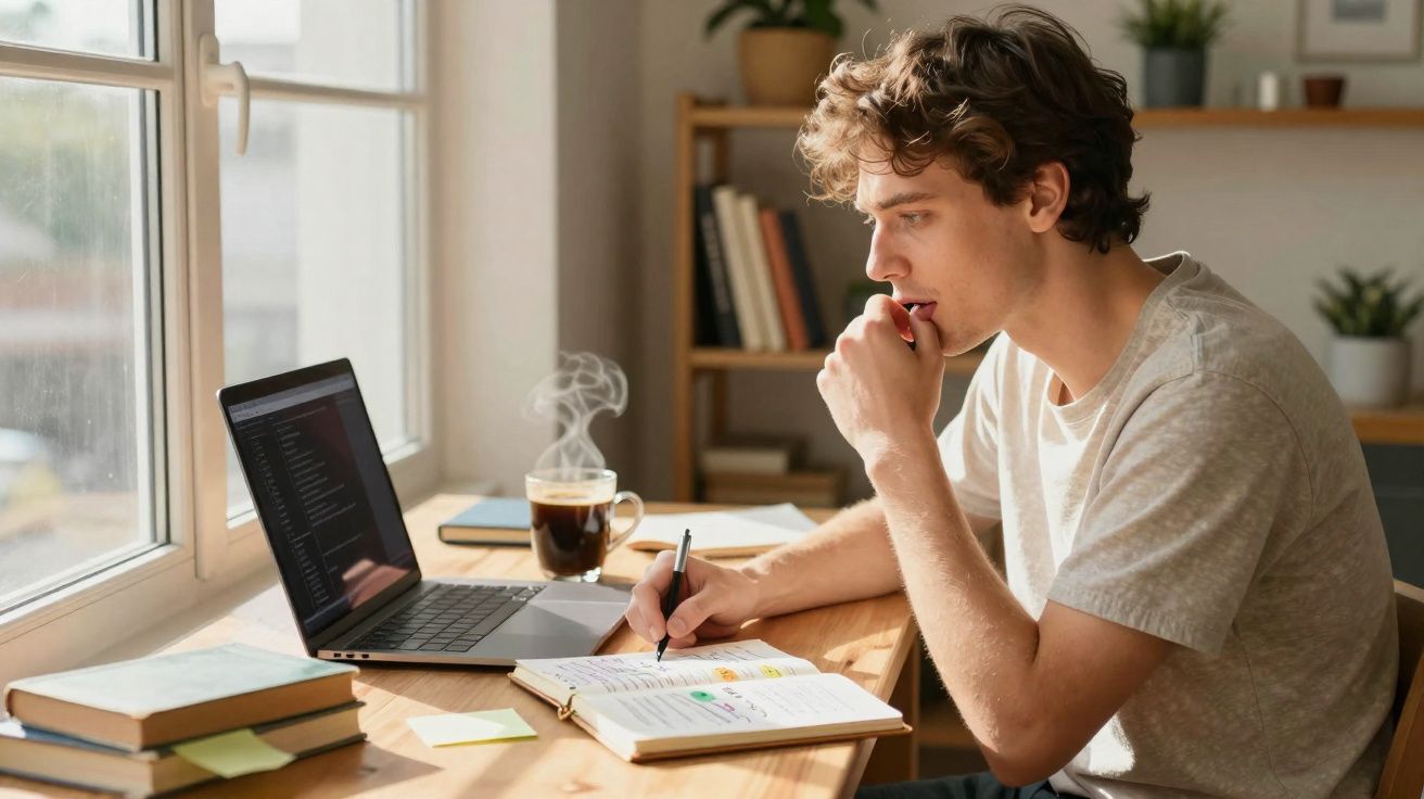 Jovem estudando e escrevendo em caderno com laptop e café quente na mesa ao lado de janela.