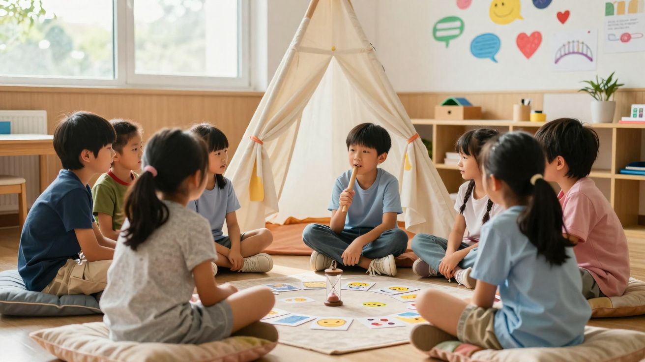 Crianças sentadas em círculo no chão, participando de atividade lúdica em sala de aula.
