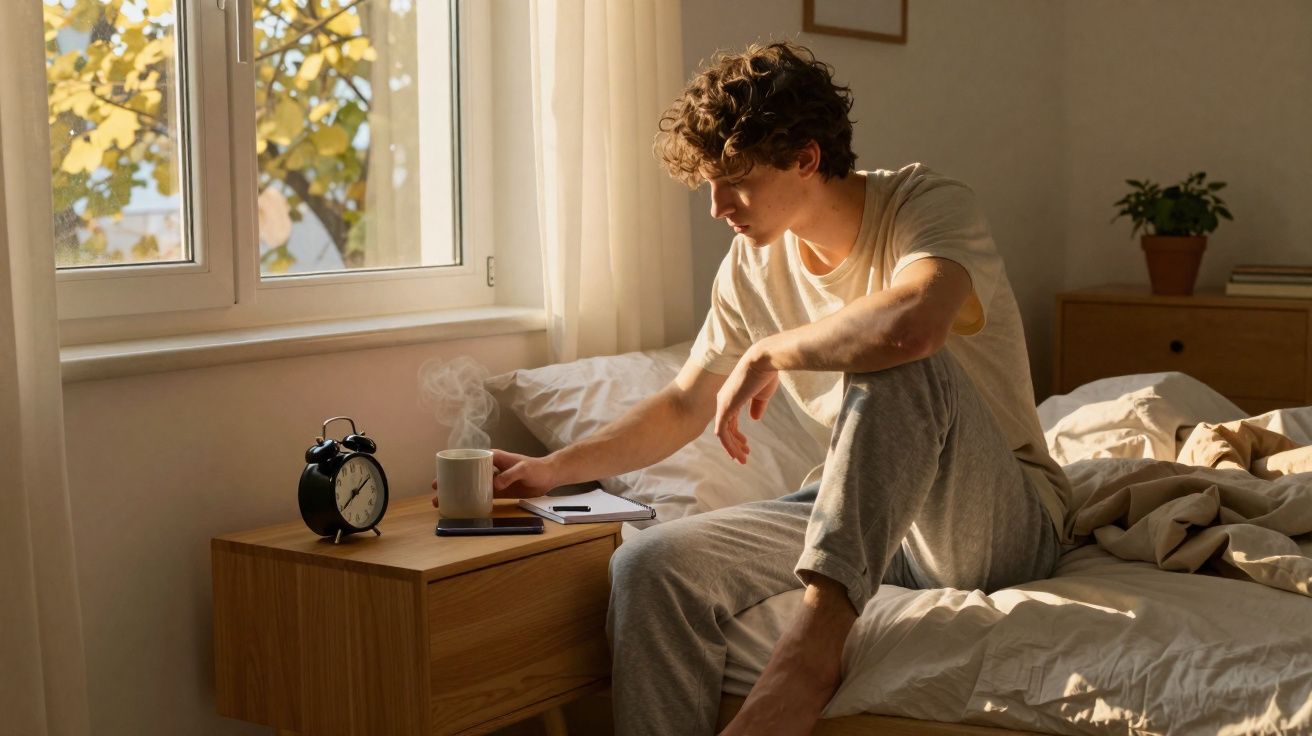 Jovem sentado na cama em quarto iluminado pela manhã, pegando uma caneca fumegante ao lado de um despertador.