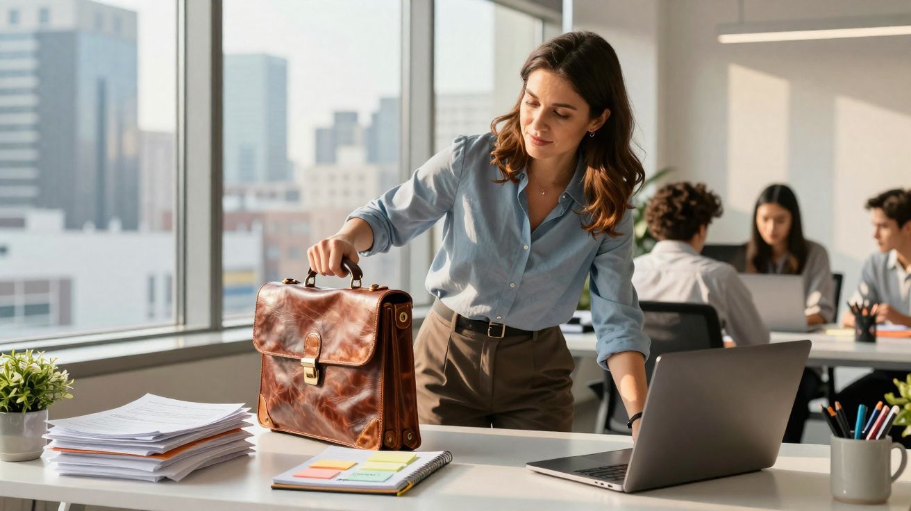 Mulher vestindo camisa azul pega pasta marrom em escritório moderno com colegas ao fundo.