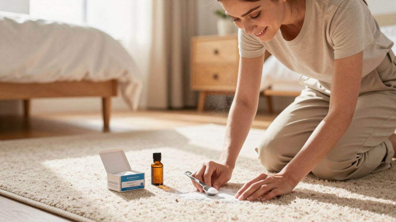 Mulher ajoelhada medindo remédio com colher e frasco em tapete claro em quarto ensolarado.