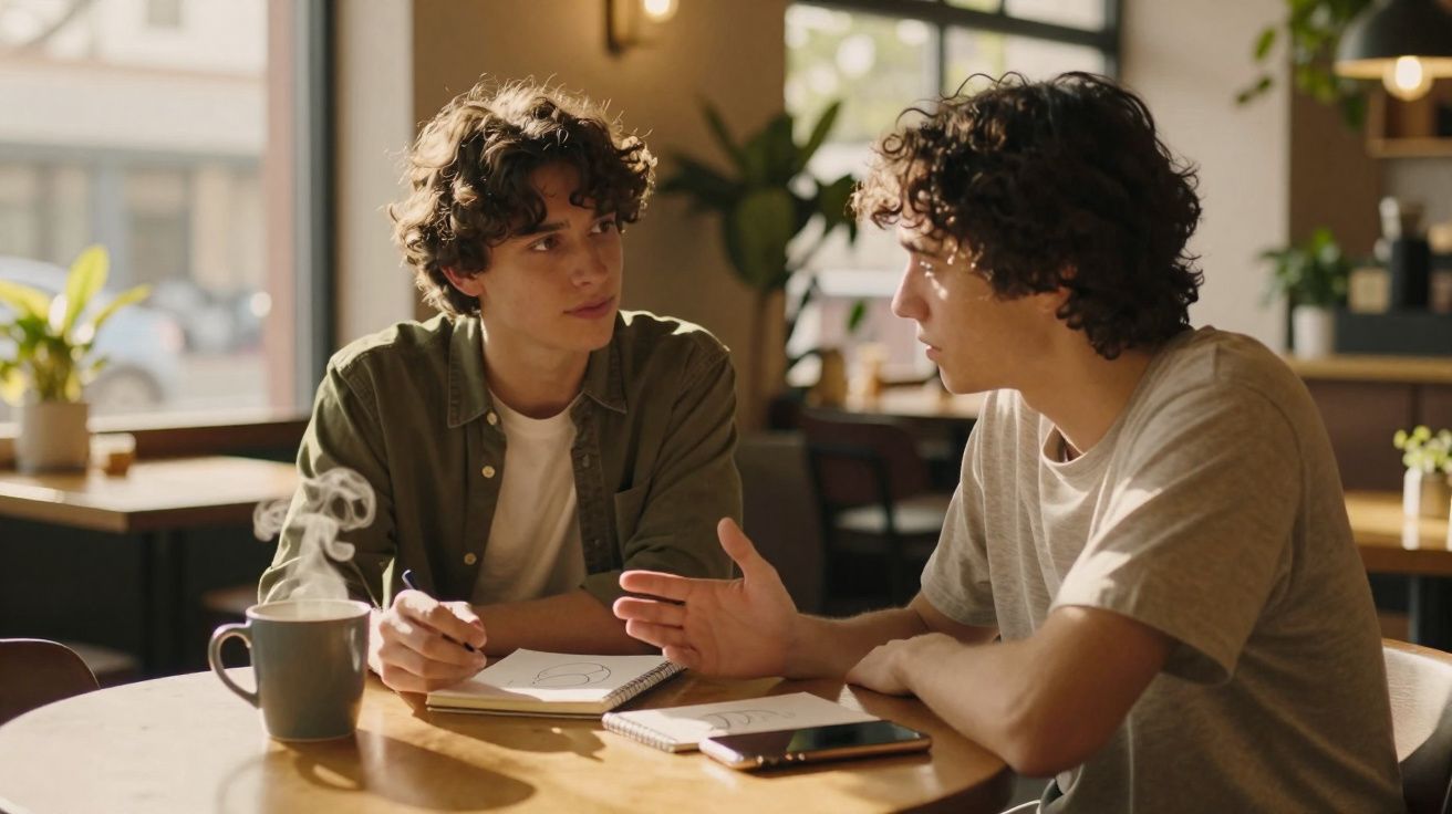 Dois jovens conversando em café com cadernos e xícara com bebida quente na mesa iluminada pelo sol.