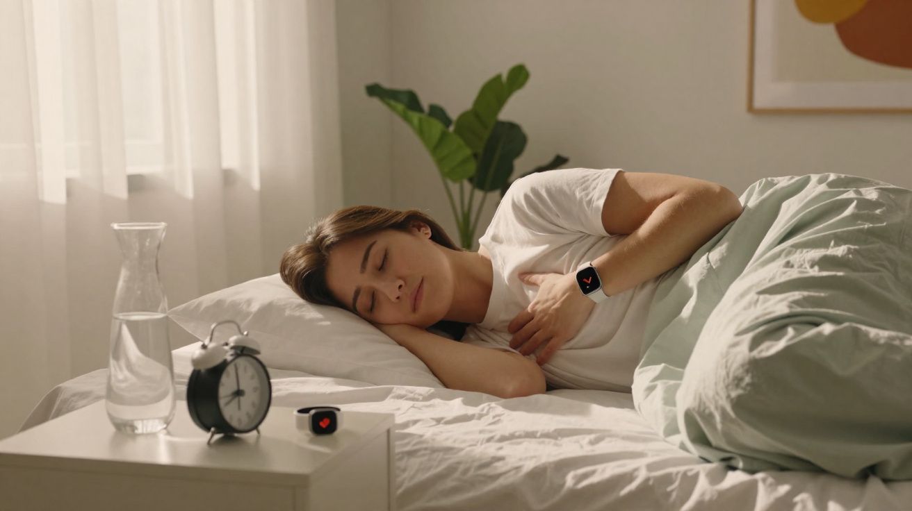 Mulher dormindo de lado em cama clara com pulseira e relógio inteligentes, ao lado jarra de água e despertador.