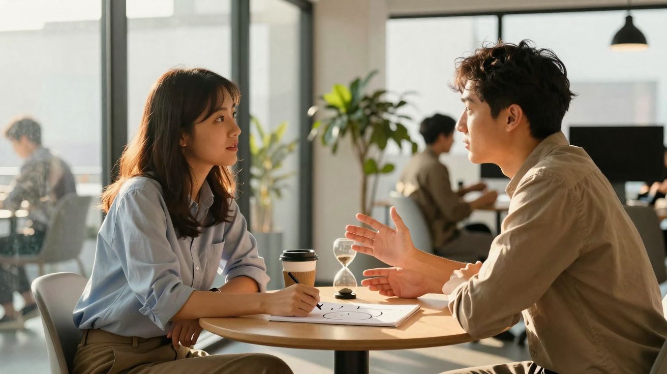 Jovem mulher e homem conversam sentados à mesa com caderno, ampulheta e café, em ambiente de escritório moderno.