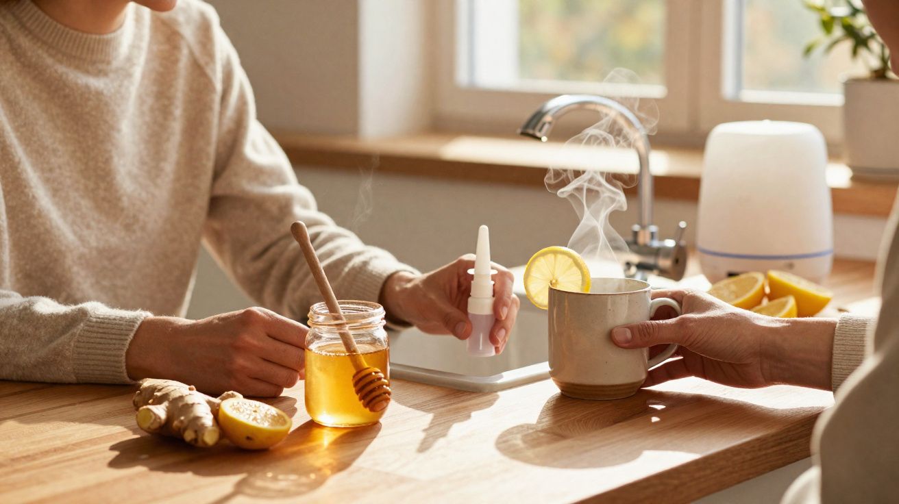 Duas pessoas em uma cozinha, com mel, gengibre, limão, nebulizador e xícara de chá quente com fatia de limão.