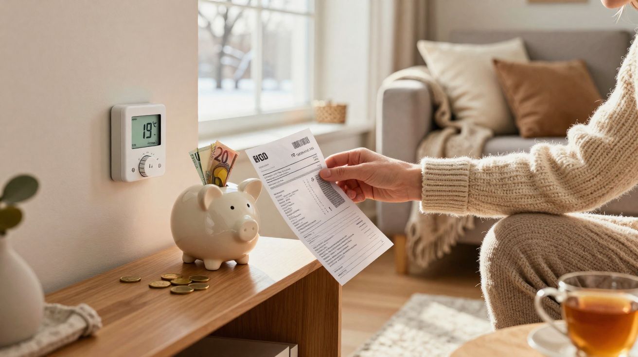 Pessoa segurando conta de luz perto de cofrinho com dinheiro, moedas e termostato em sala aconchegante