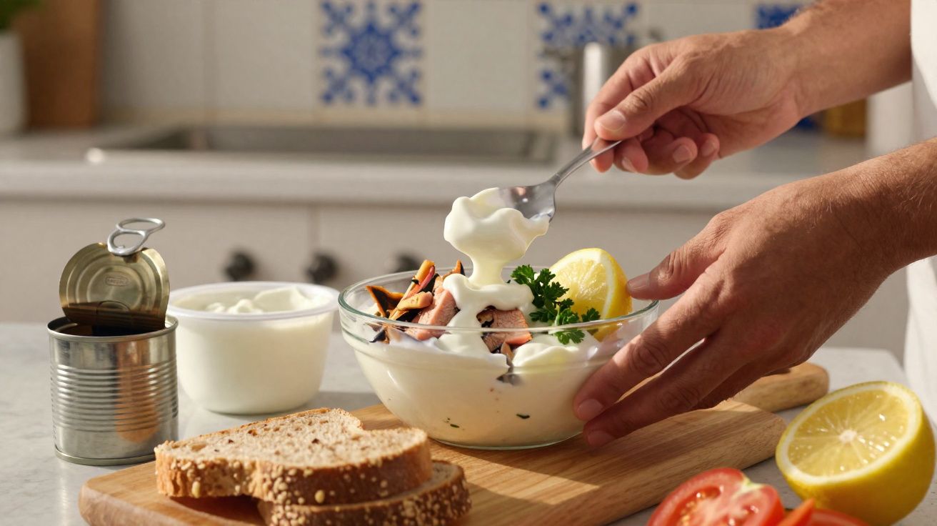 Pessoa colocando creme em salada de sardinha com limão, pão integral, tomate e iogurte na cozinha.
