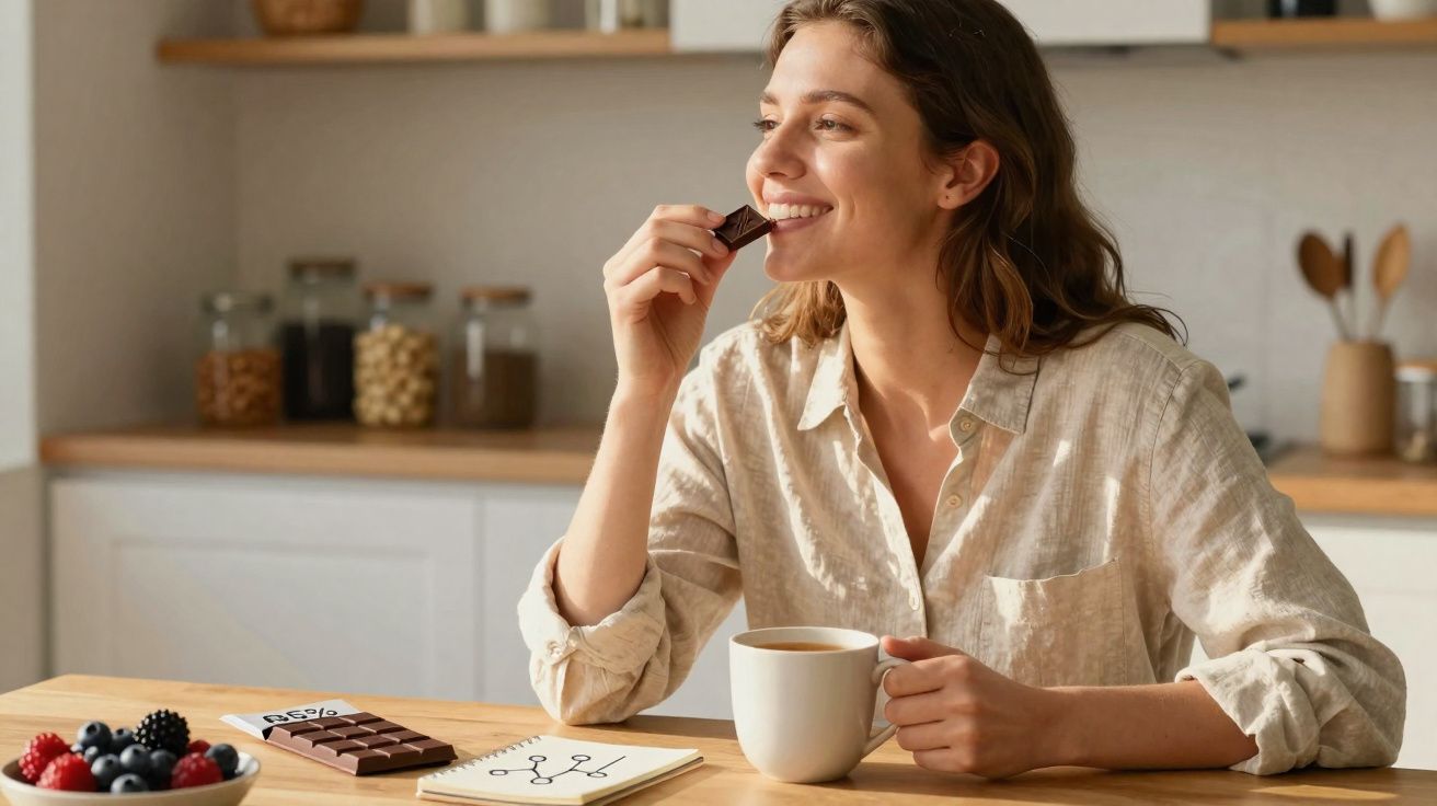 Mulher sorrindo comendo chocolate e segurando caneca, sentada à mesa com frutas e caderno na cozinha.