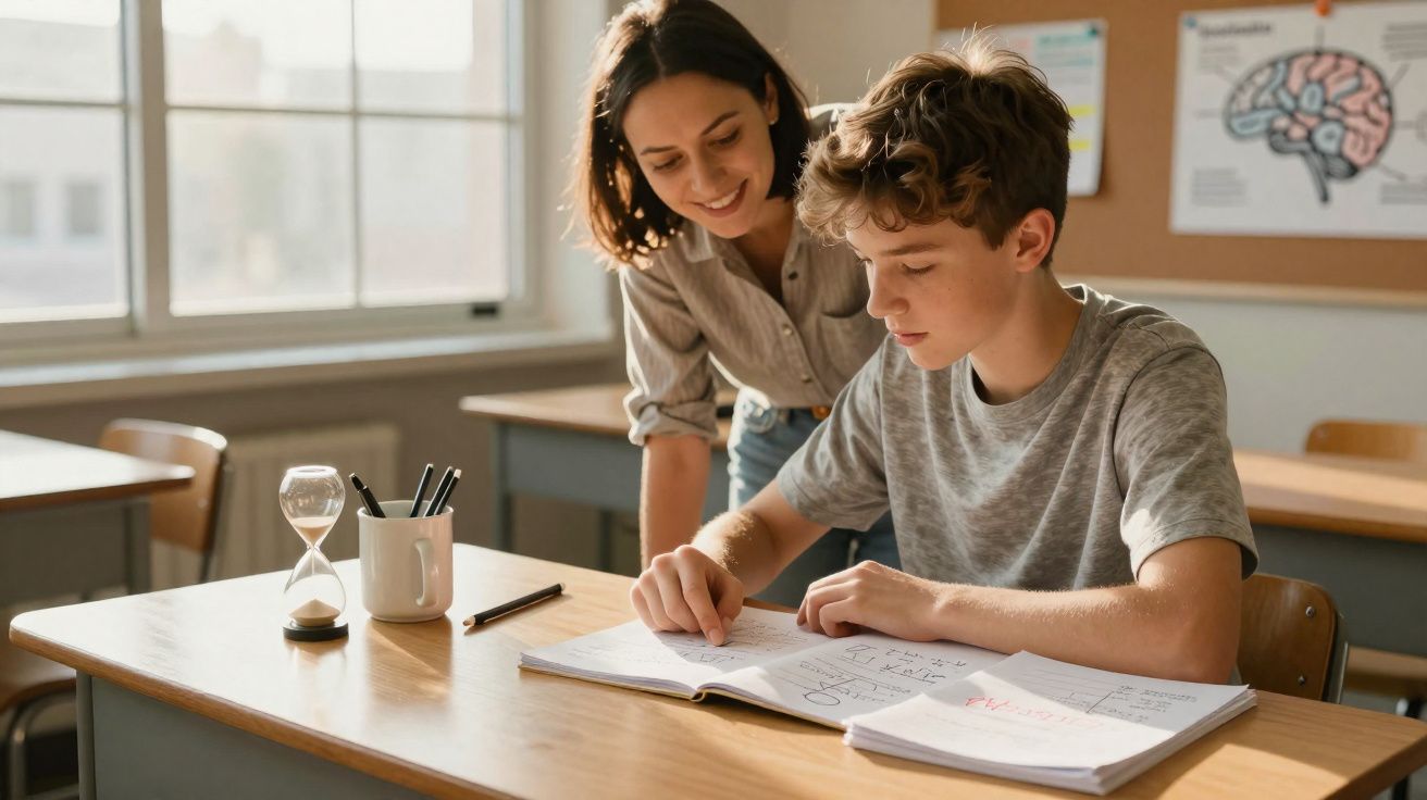 Aluno concentrado lendo livro com professora sorridente ao lado em sala de aula iluminada.