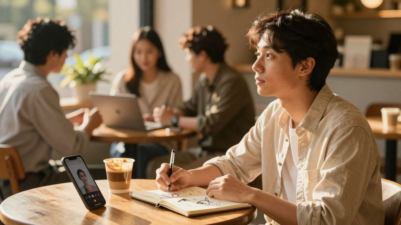 Jovem sentado em cafeteria escrevendo em caderno, com celular em chamada de vídeo e grupo ao fundo.