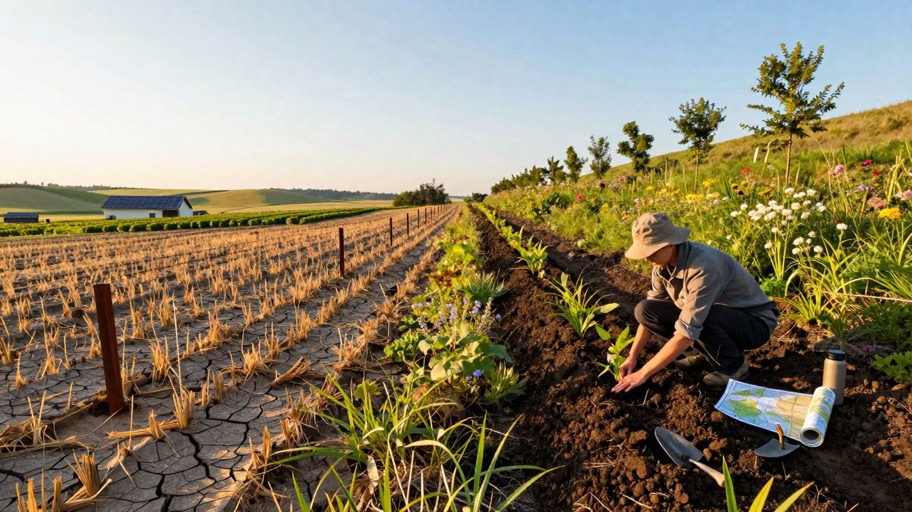 Pessoa plantando mudas em plantação sustentável ao ar livre em dia ensolarado com céu claro.