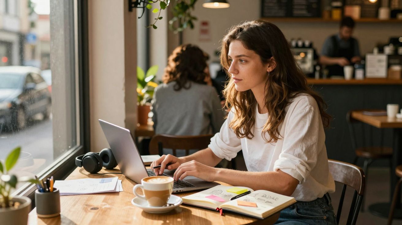 Mulher trabalhando em laptop com café e caderno em cafeteria iluminada pela luz natural da janela.