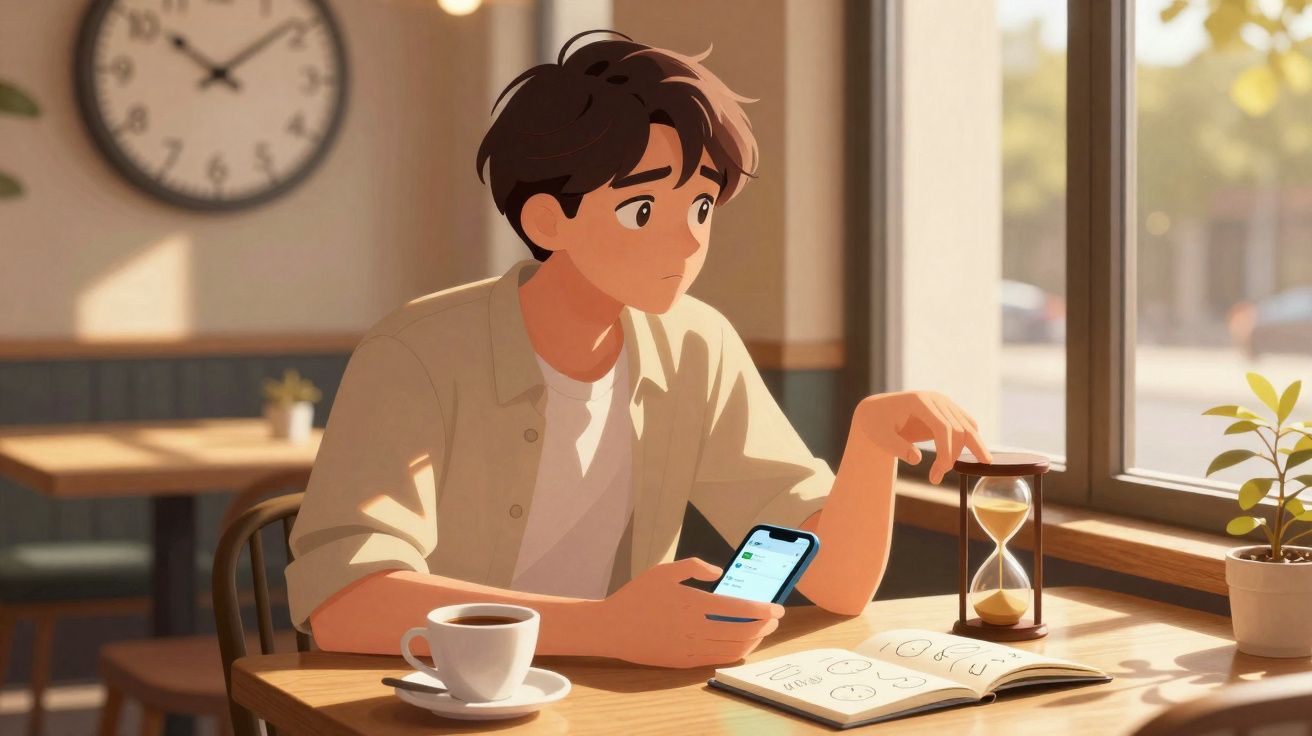 Jovem sentado em café, segurando celular e olhando ampulheta ao lado de livro aberto e xícara de café.