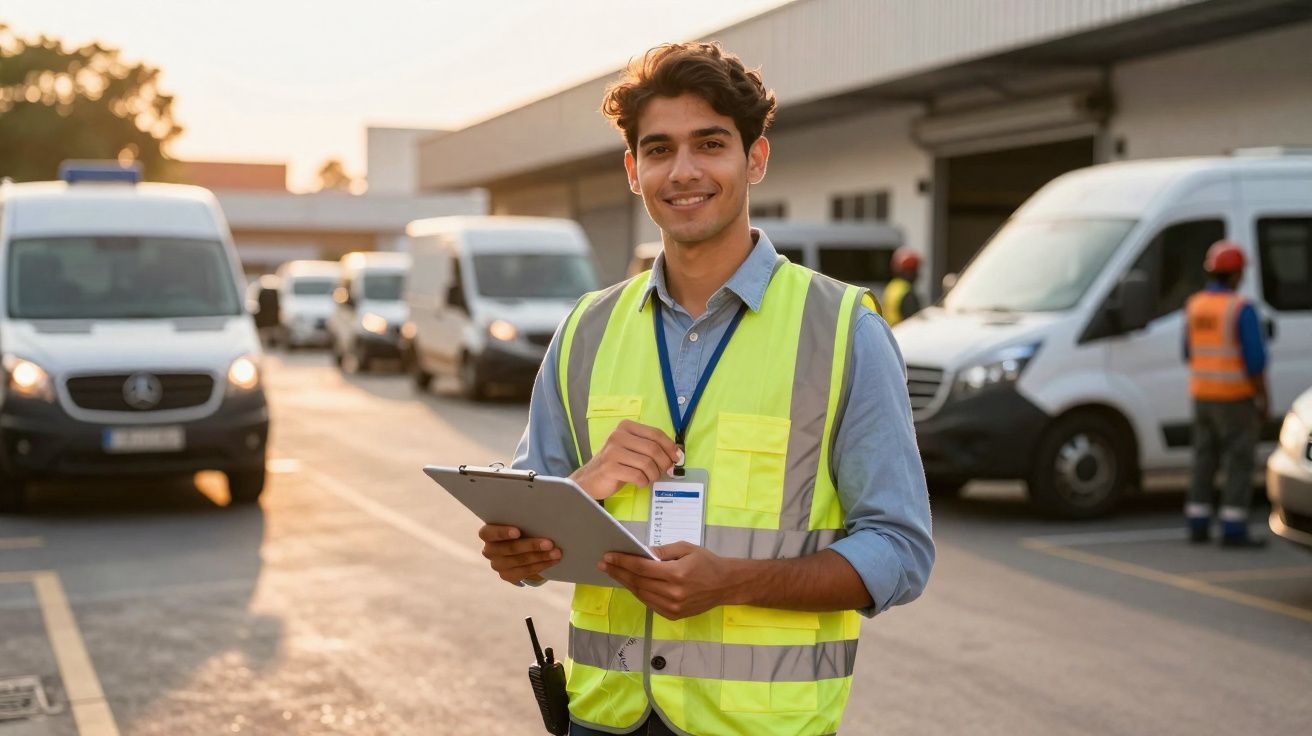 Homem com colete refletivo e prancheta sorrindo em pátio de veículos de entrega ao pôr do sol.