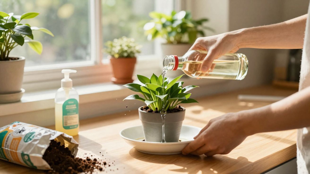 Pessoa regando planta em vaso dentro de casa, com terra e frasco de sabonete ao lado em bancada de madeira.