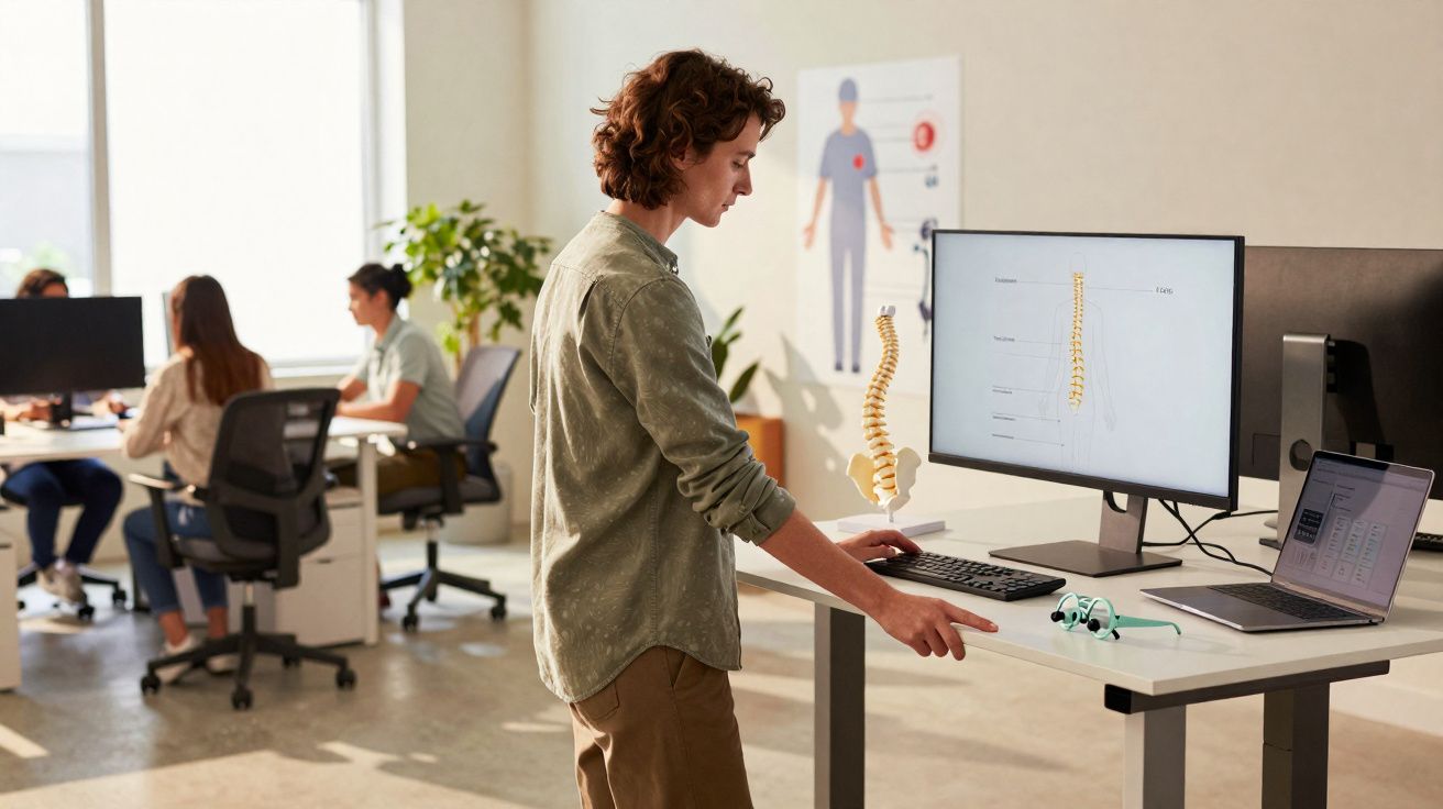 Homem analisa modelo e imagem 3D de coluna vertebral em escritório moderno e claro.