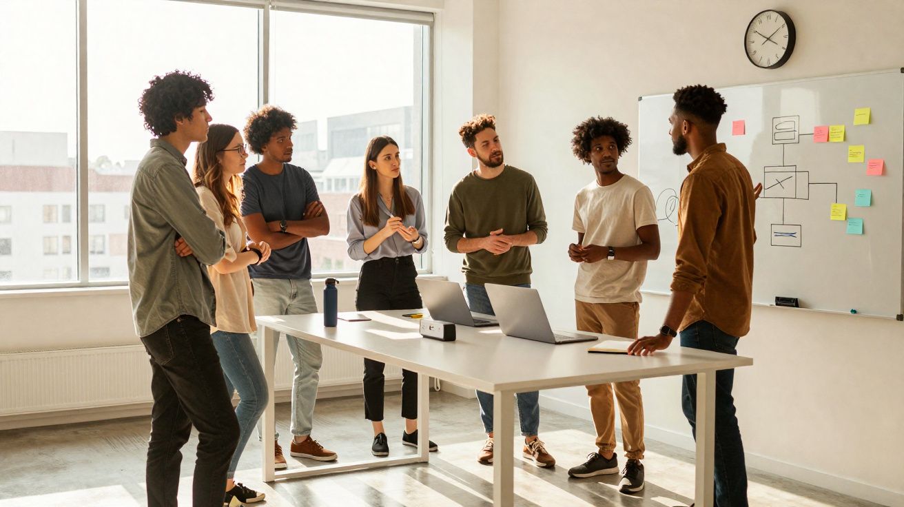 Grupo diversificado em reunião de trabalho em escritório moderno com quadro branco e laptops.