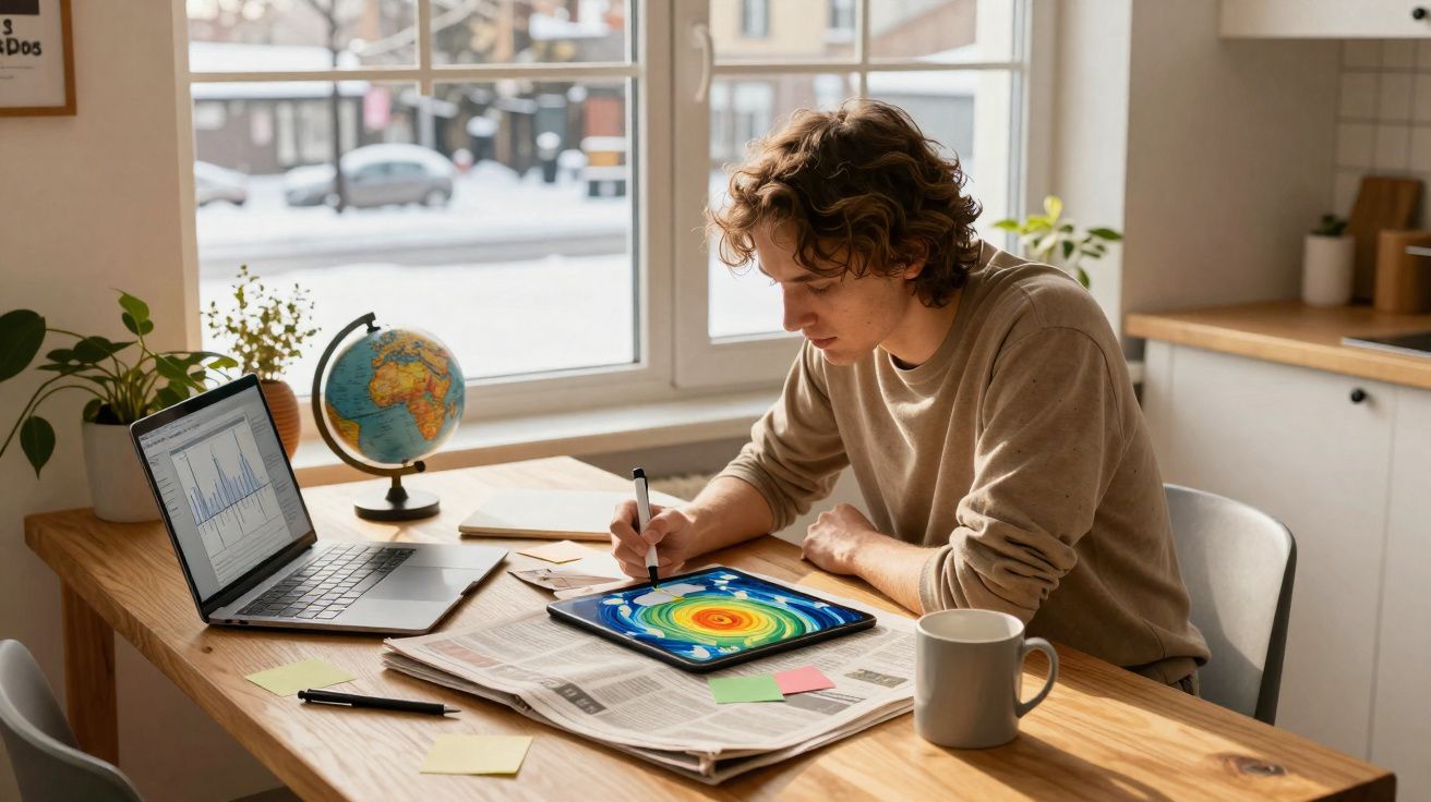 Jovem usando tablet para desenhar gráficos em mesa com laptop, jornal, caneca e globo ao lado de janela.