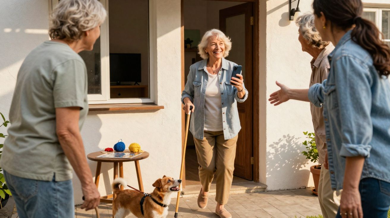 Mulher idosa sorrindo com bastão e celular, chegando em casa, recebida por três pessoas e um cachorro.