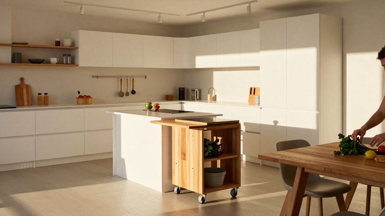 Cozinha moderna com armários brancos, ilha central, carrinho de madeira e pessoa preparando alimentos em mesa de jantar.