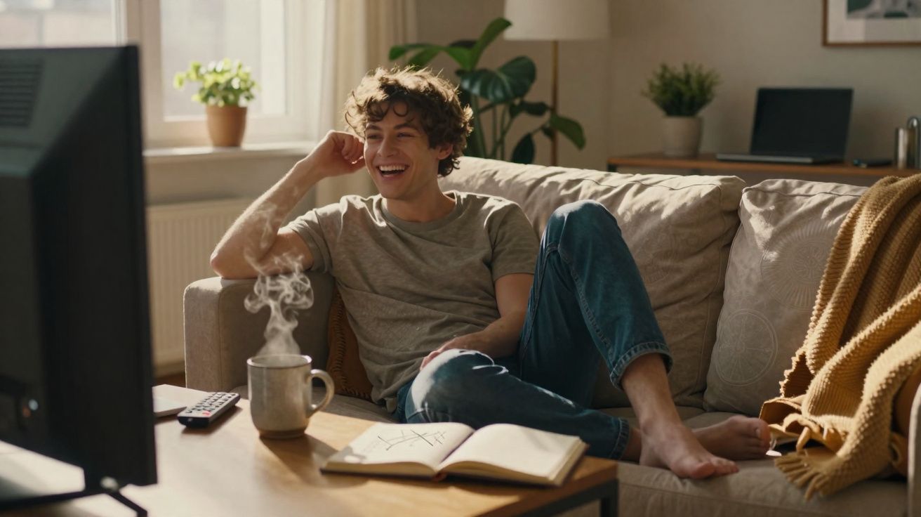 Homem jovem sorrindo sentado no sofá, assistindo TV, com xícara de bebida quente e caderno na mesa.