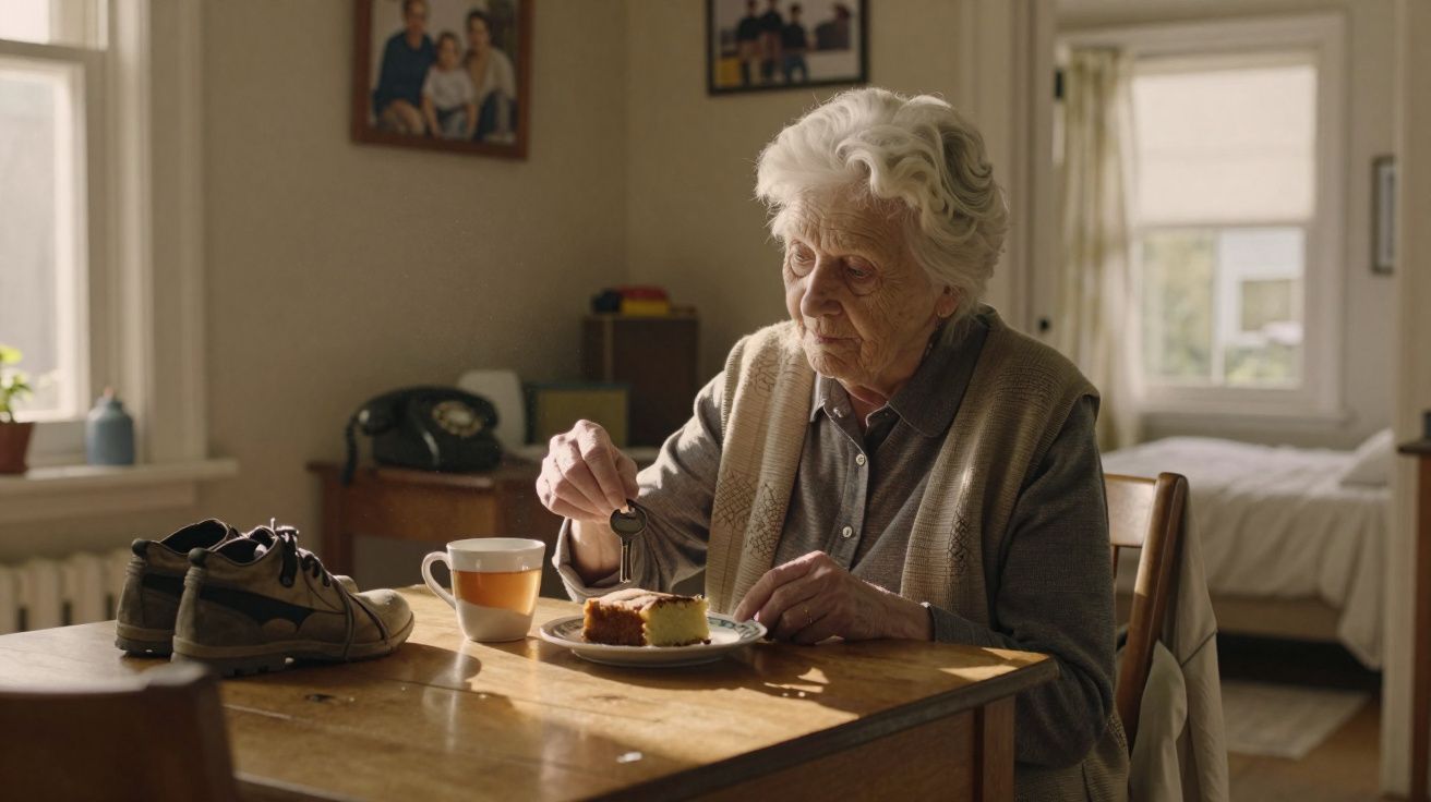 Mulher idosa com cabelos brancos sentada à mesa com café, bolo e tênis, em sala iluminada.
