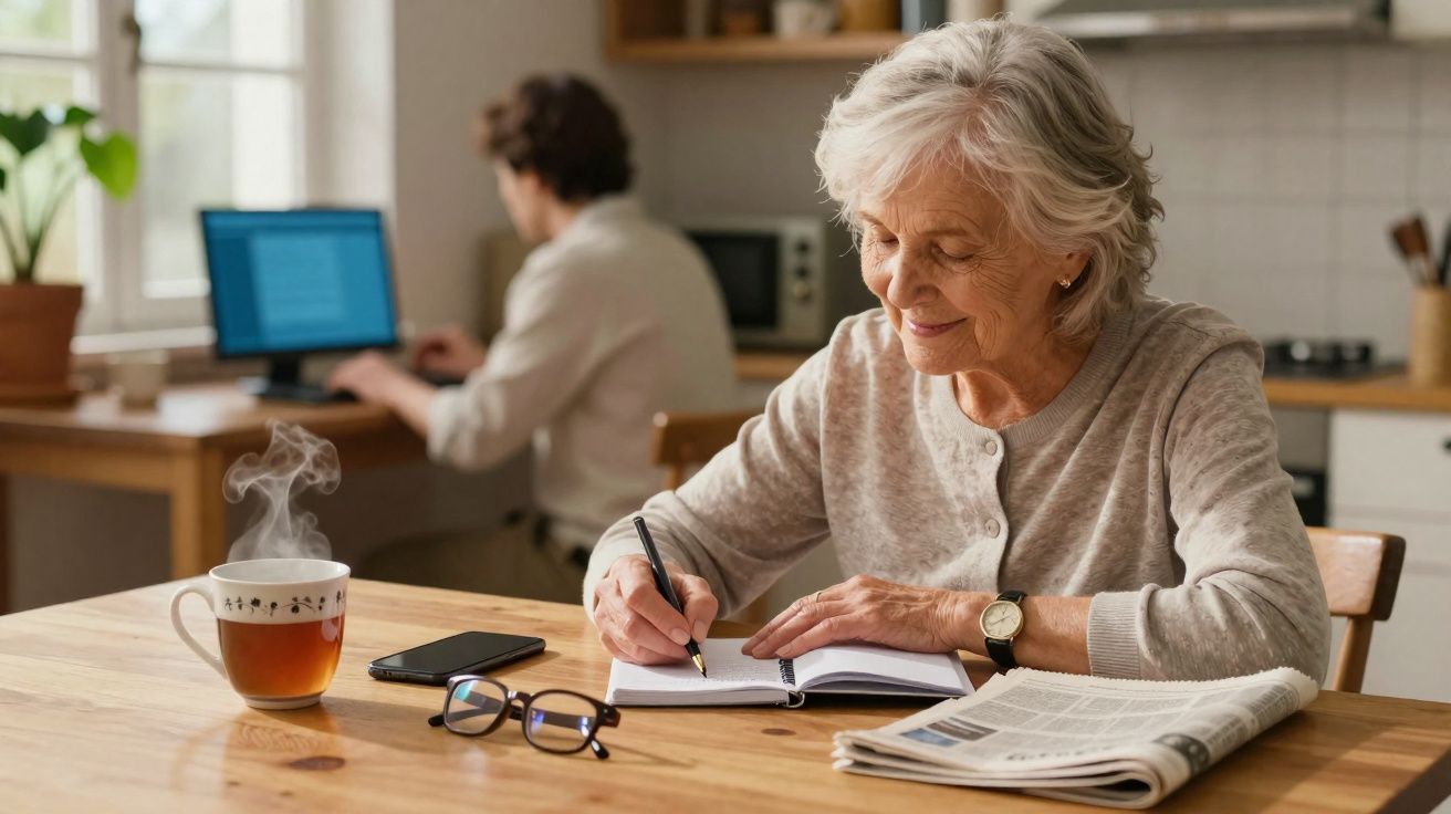 Mulher idosa escreve em caderno com jornal, óculos e chá quente na mesa, homem trabalha no computador ao fundo.