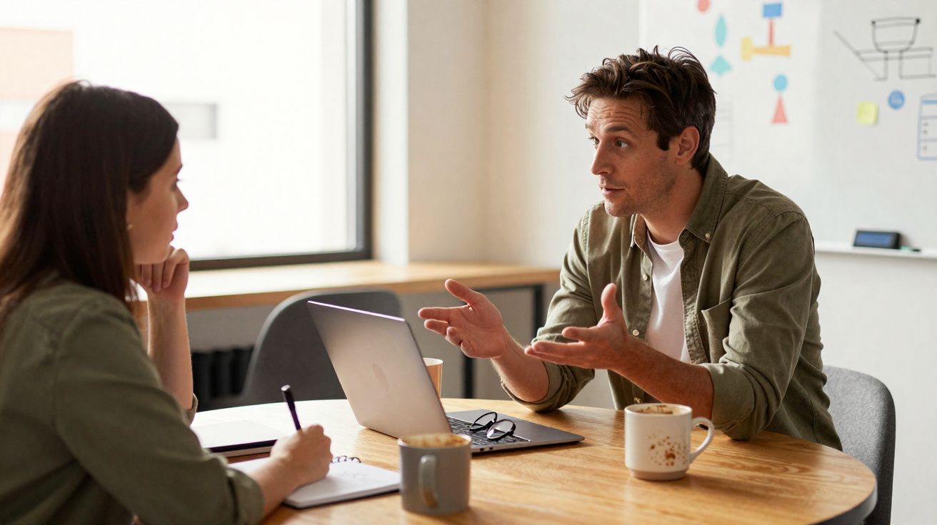 Duas pessoas conversando em uma mesa com notebook, café e caderno em ambiente de escritório.
