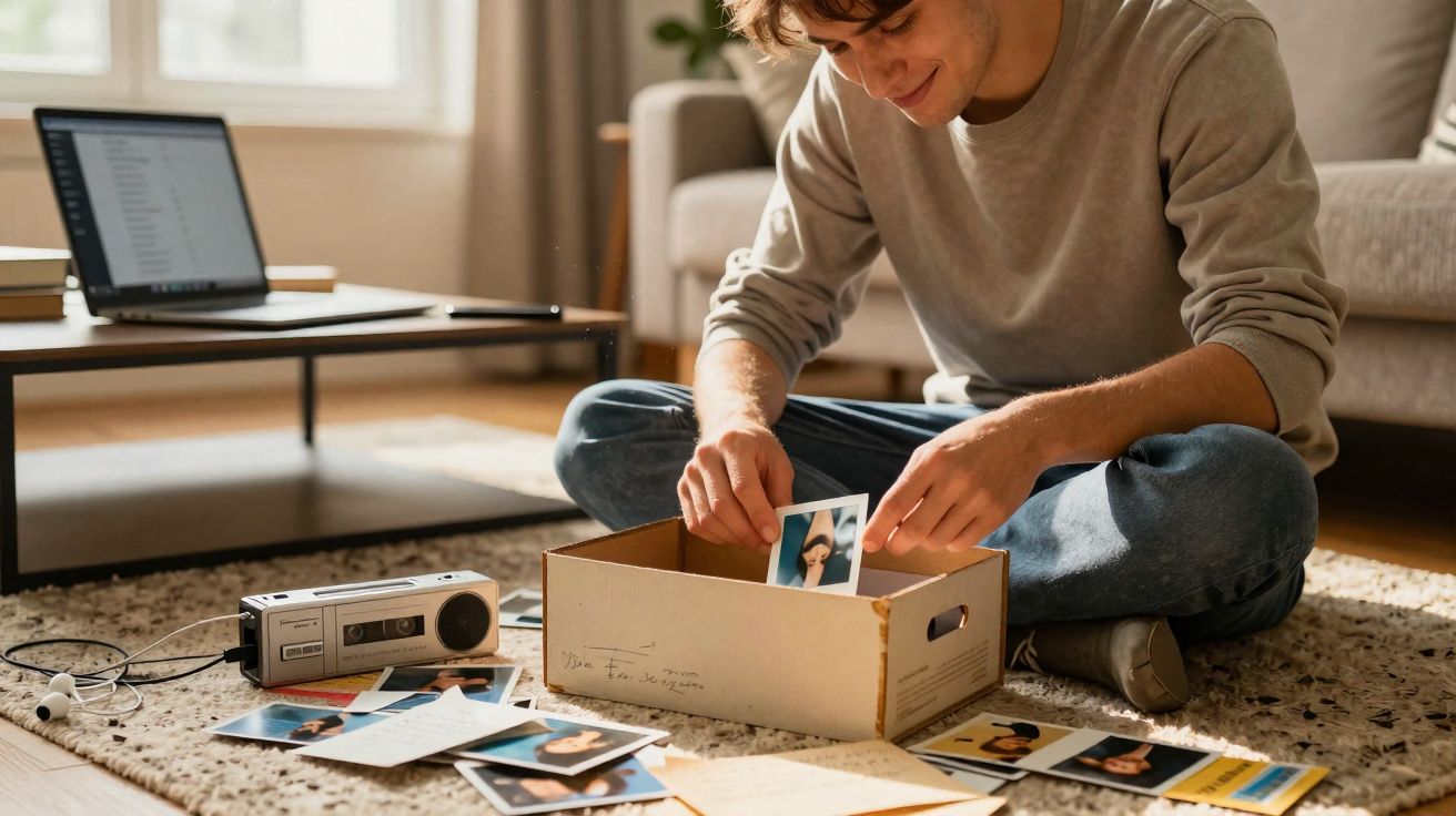 Jovem sentado no chão olhando fotos antigas guardadas em uma caixa de papelão na sala.
