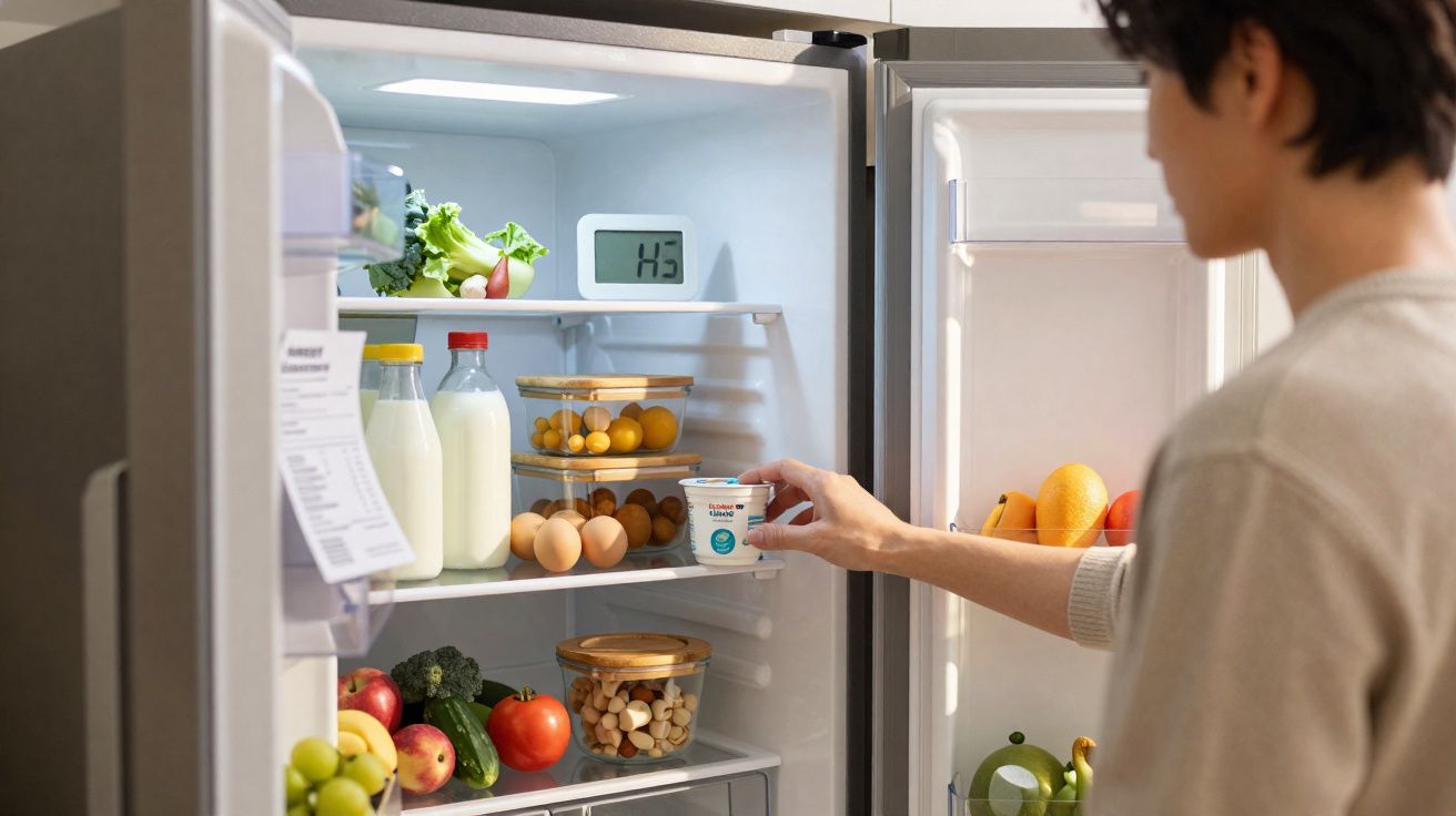 Pessoa pega pote de iogurte branco em geladeira aberta com frutas, ovos, leite e vegetais.