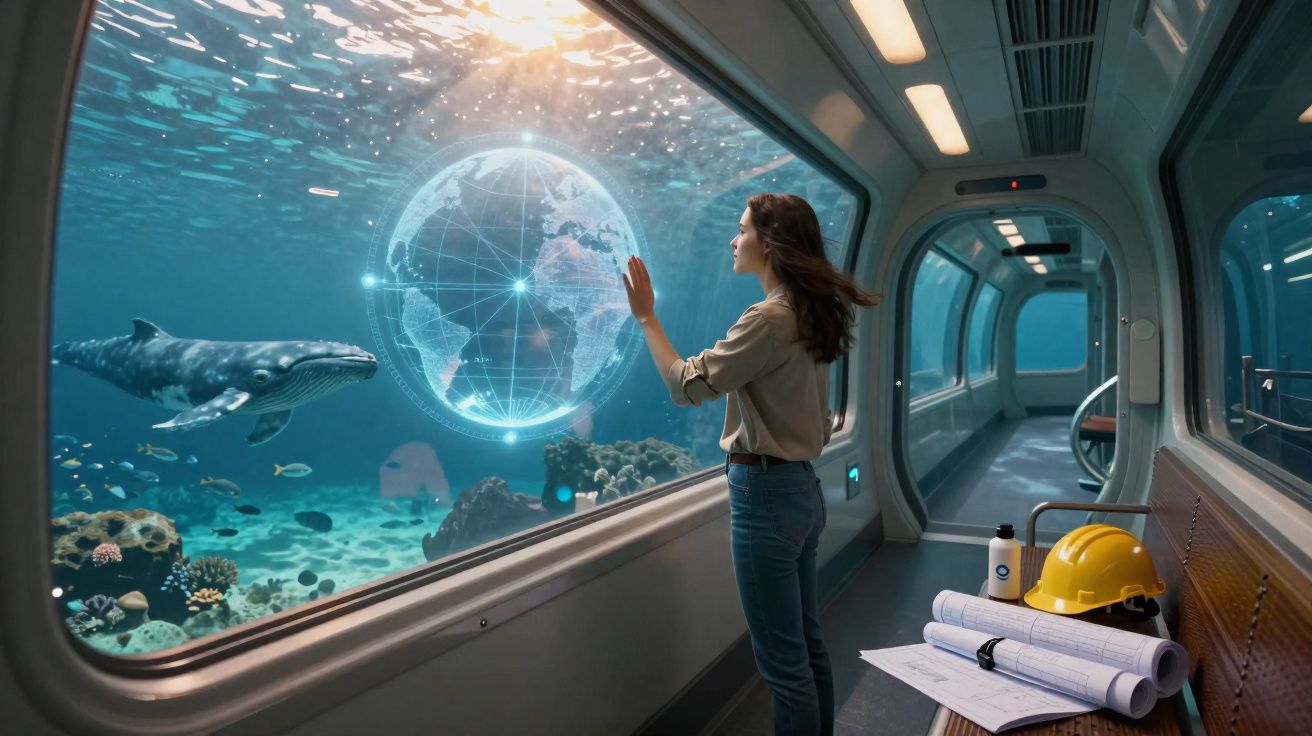 Mulher observa baleia e holograma do globo marinho em submarino moderno com plantas e mapas.