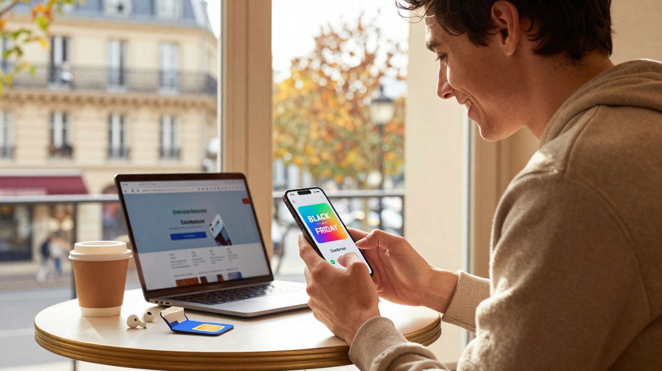 Jovem sentado à mesa com laptop aberto e olhando promoções de Black Friday no celular.