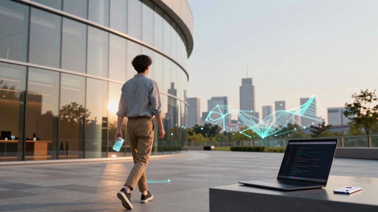 Homem caminhando ao ar livre perto de prédio com laptop aberto e gráficos digitais flutuando no ar.