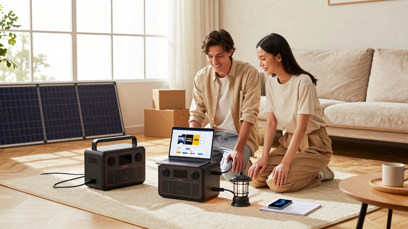 Casal sentado no chão com estação de energia portátil, painel solar e lanternas em sala iluminada.