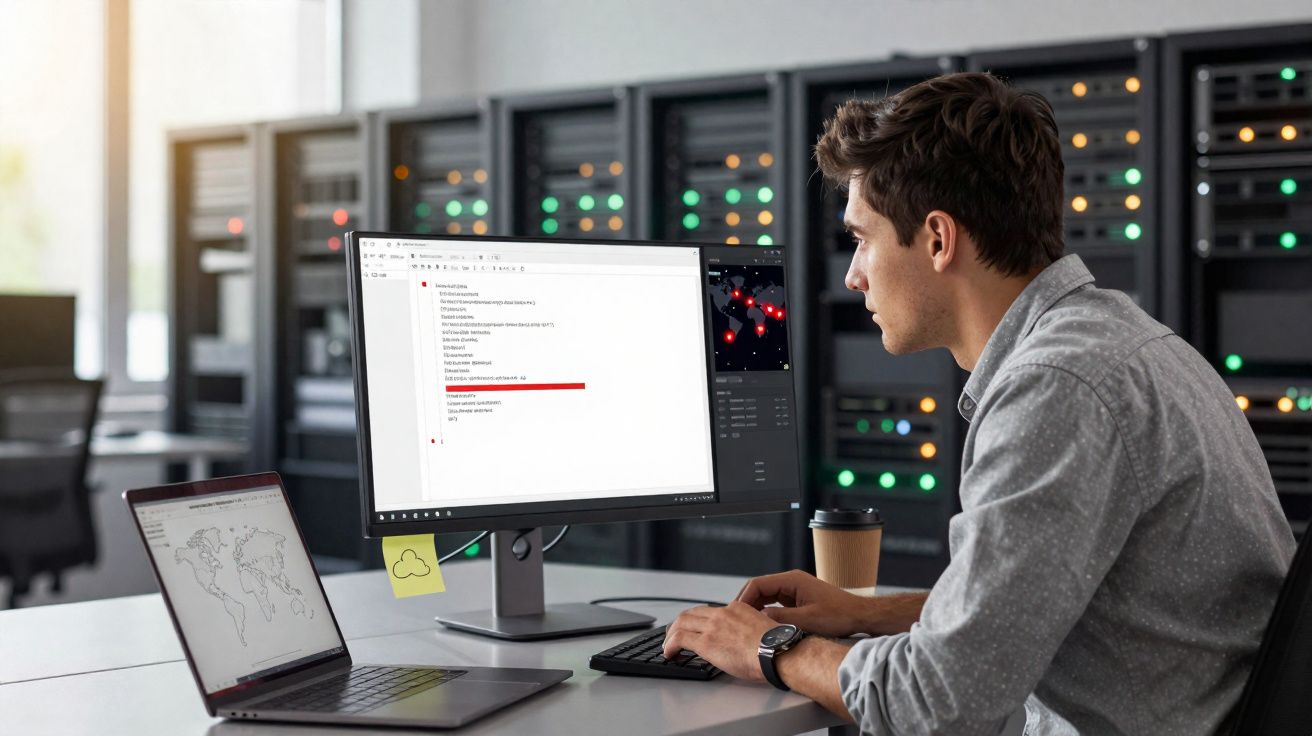 Homem trabalhando em computador em sala com servidores e gráficos na tela.