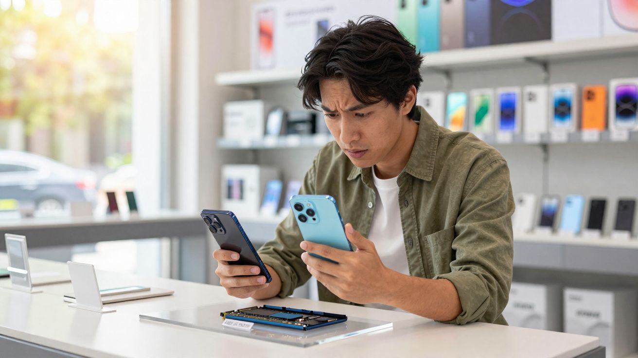 Homem analisando dois celulares no balcão de loja de eletrônicos com várias caixas de produtos ao fundo.
