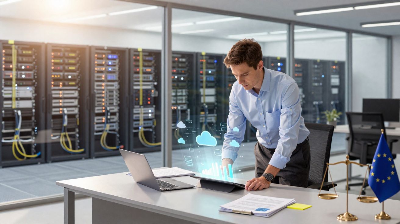 Homem em escritório moderno, trabalhando com laptop e holograma de nuvem digital, em sala de servidores.